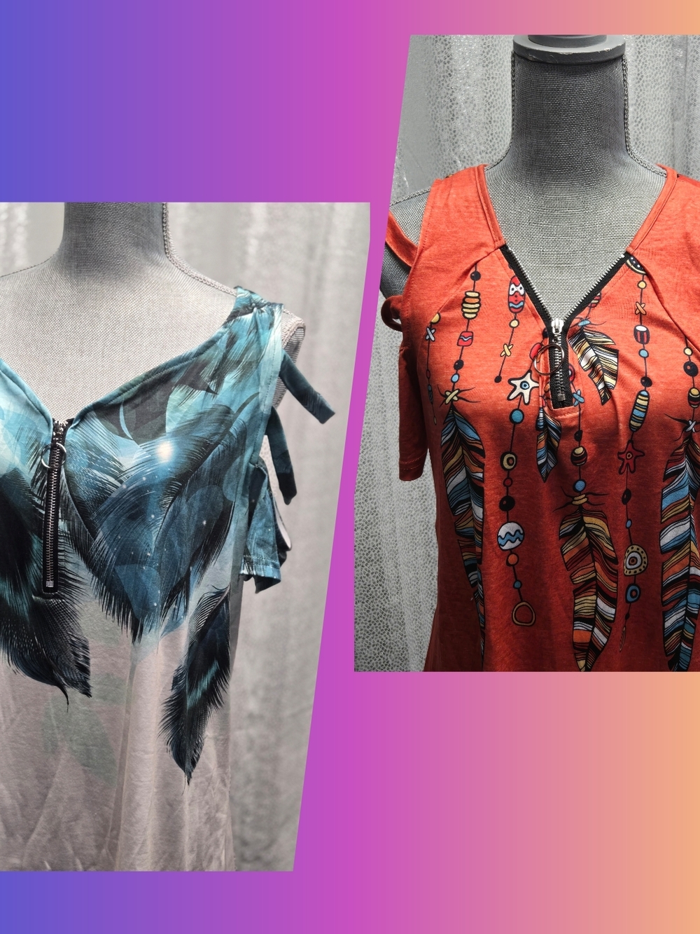 Two Piece Women’s Feather-Print Cold-Shoulder Top with Front Zip - Blue